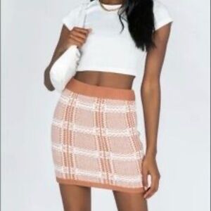 Plaid Knit Mini Skirt in Brown and White